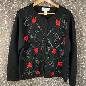 Lisa International Sz L Black W/ Red Poinsettia Christmas Cardigan Sweater
